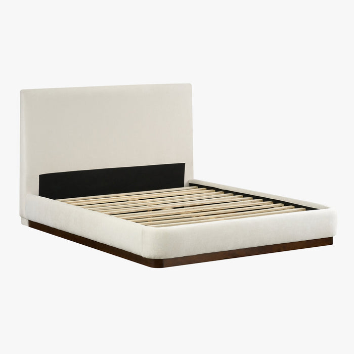 JODIE Lit double en tissu beige et bois foncé 160x200 cm
