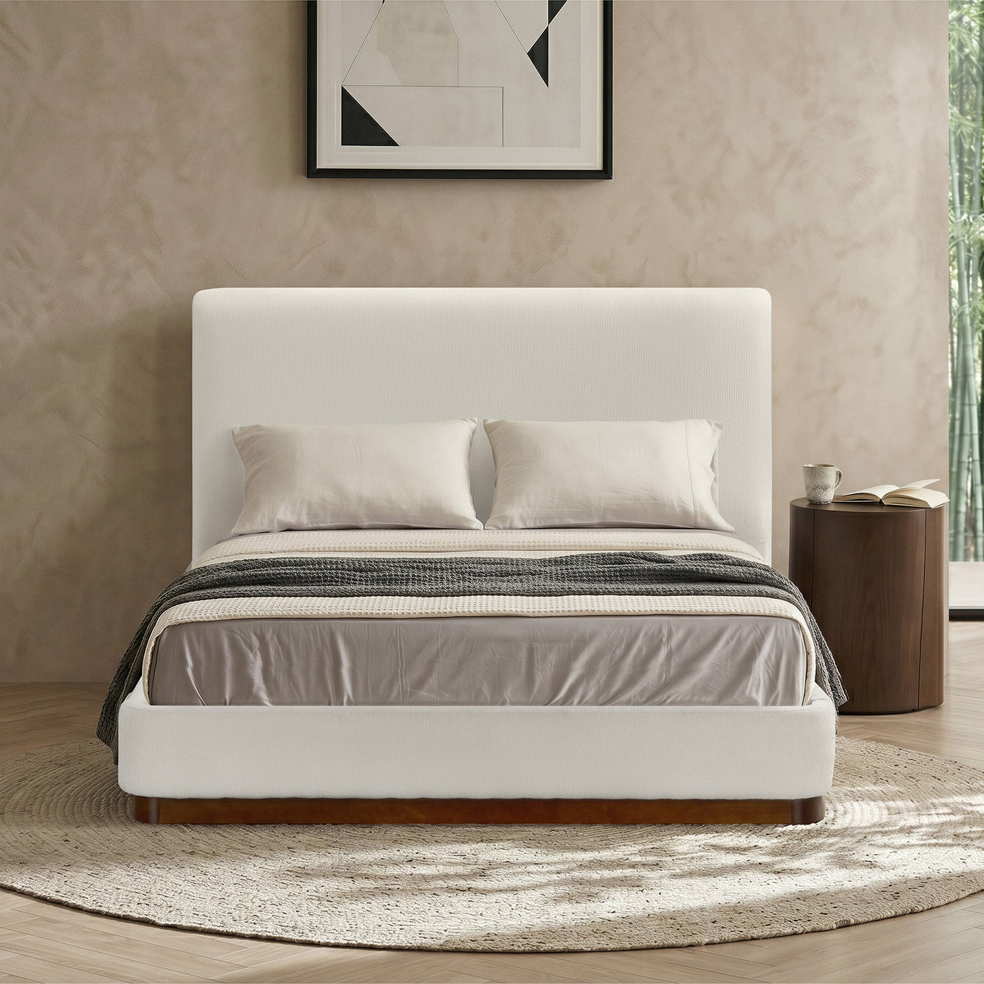 JODIE Lit double en tissu beige et bois foncé 160x200 cm - Lits - Mobilier Deco