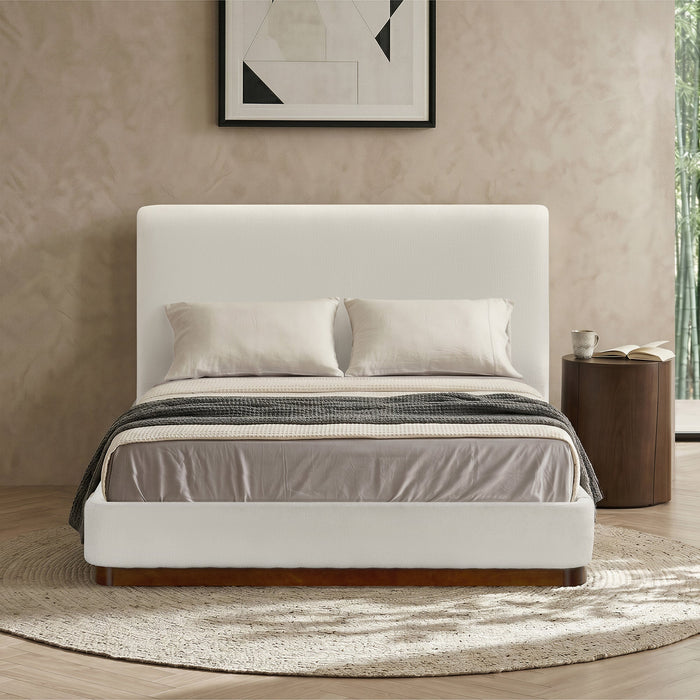 JODIE Lit double en tissu beige et bois foncé 160x200 cm