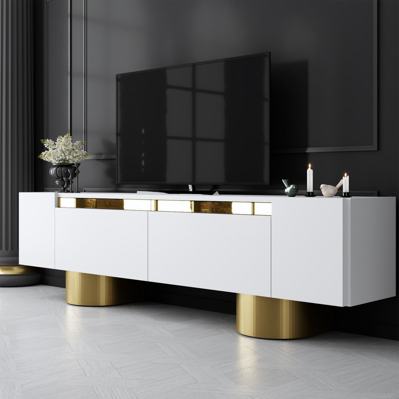 JONAS Meuble TV 2 portes abattantes blanc et doré - Meuble TV - Mobilier Deco