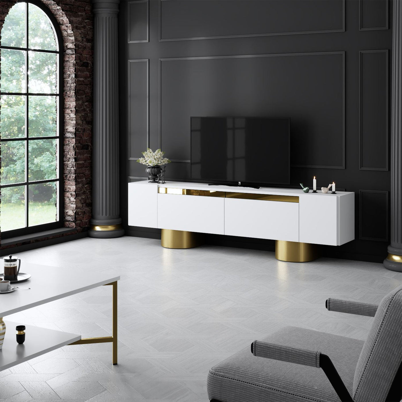 JONAS Meuble TV 2 portes abattantes blanc et doré - Meuble TV - Mobilier Deco