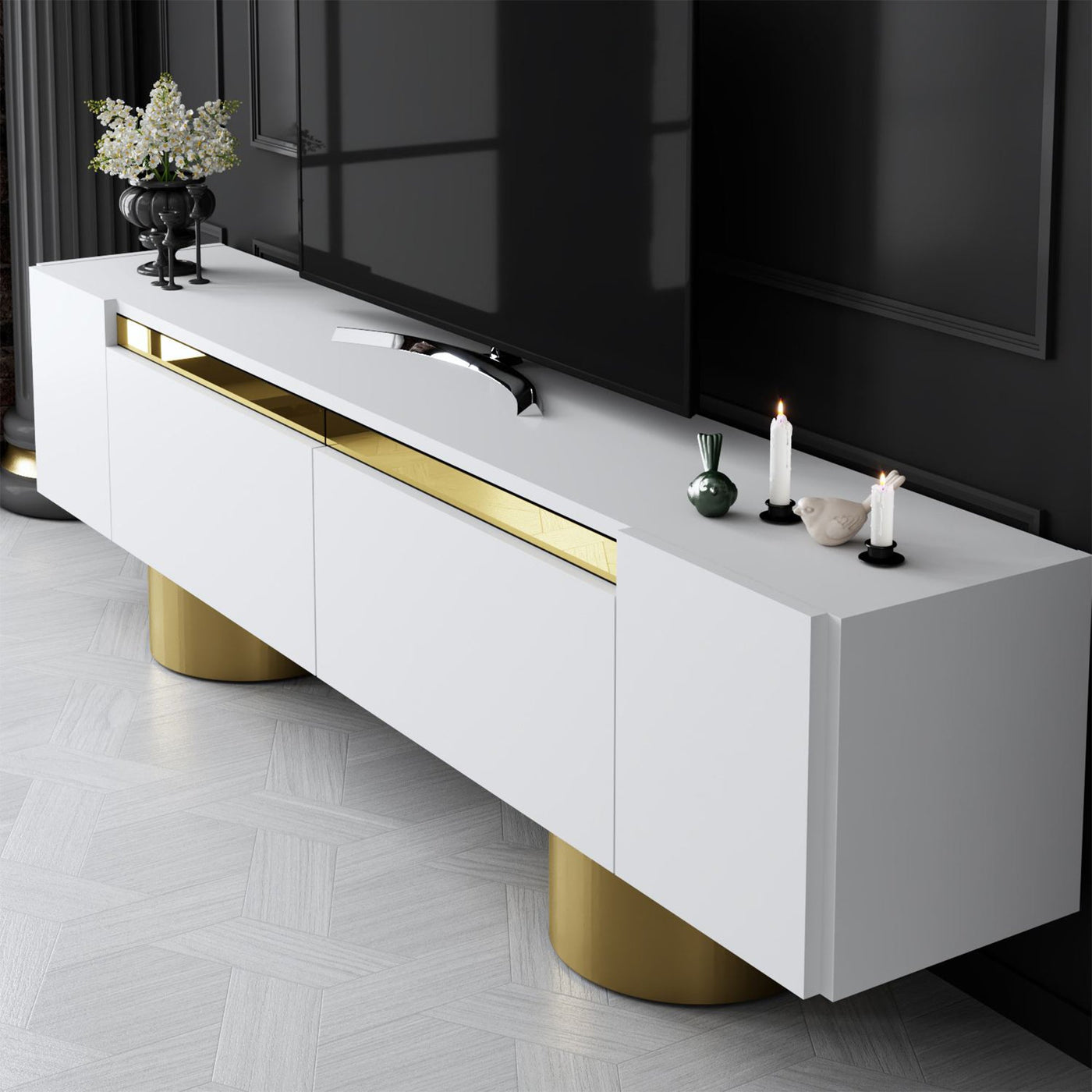 JONAS Meuble TV 2 portes abattantes blanc et doré - Meuble TV - Mobilier Deco