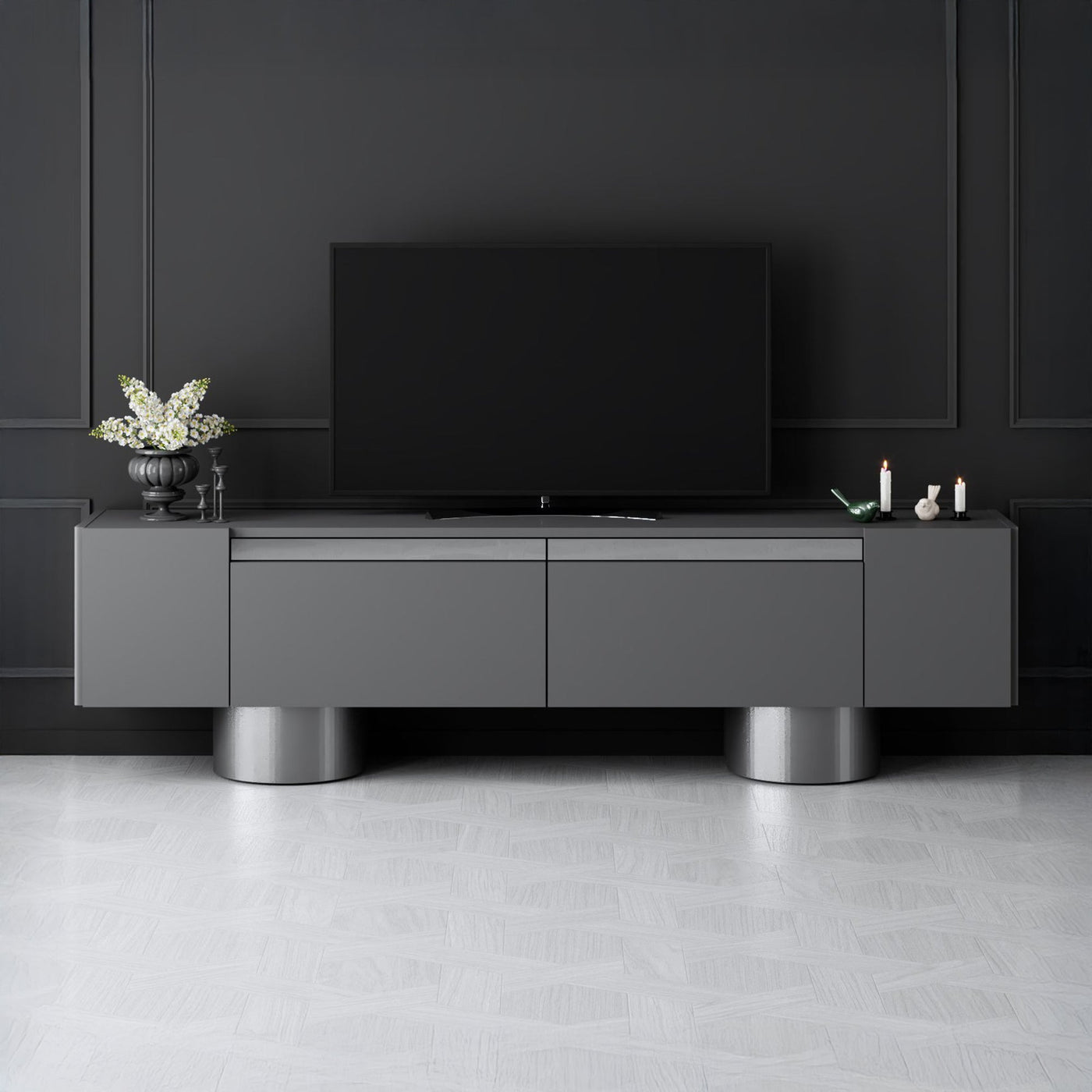JONAS Meuble TV 2 portes abattantes noir et argenté - Meuble TV - Mobilier Deco