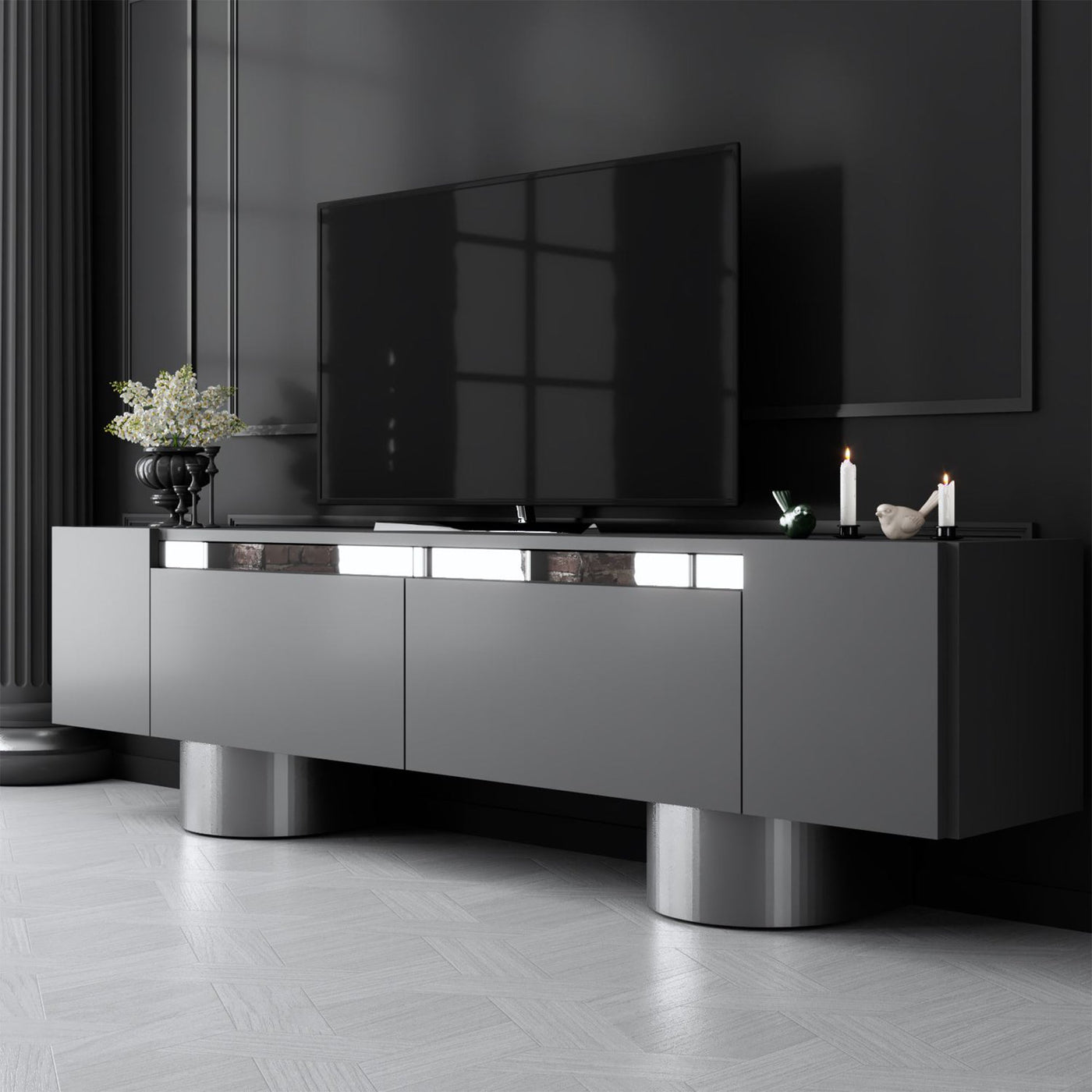 JONAS Meuble TV 2 portes abattantes noir et argenté - Meuble TV - Mobilier Deco