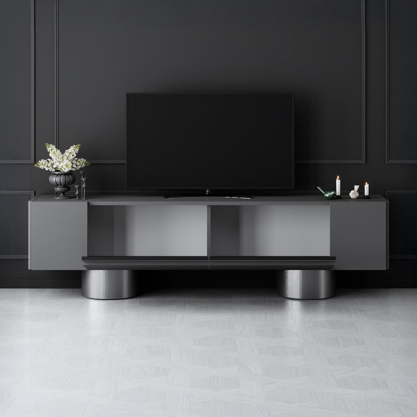 JONAS Meuble TV 2 portes abattantes noir et argenté - Meuble TV - Mobilier Deco
