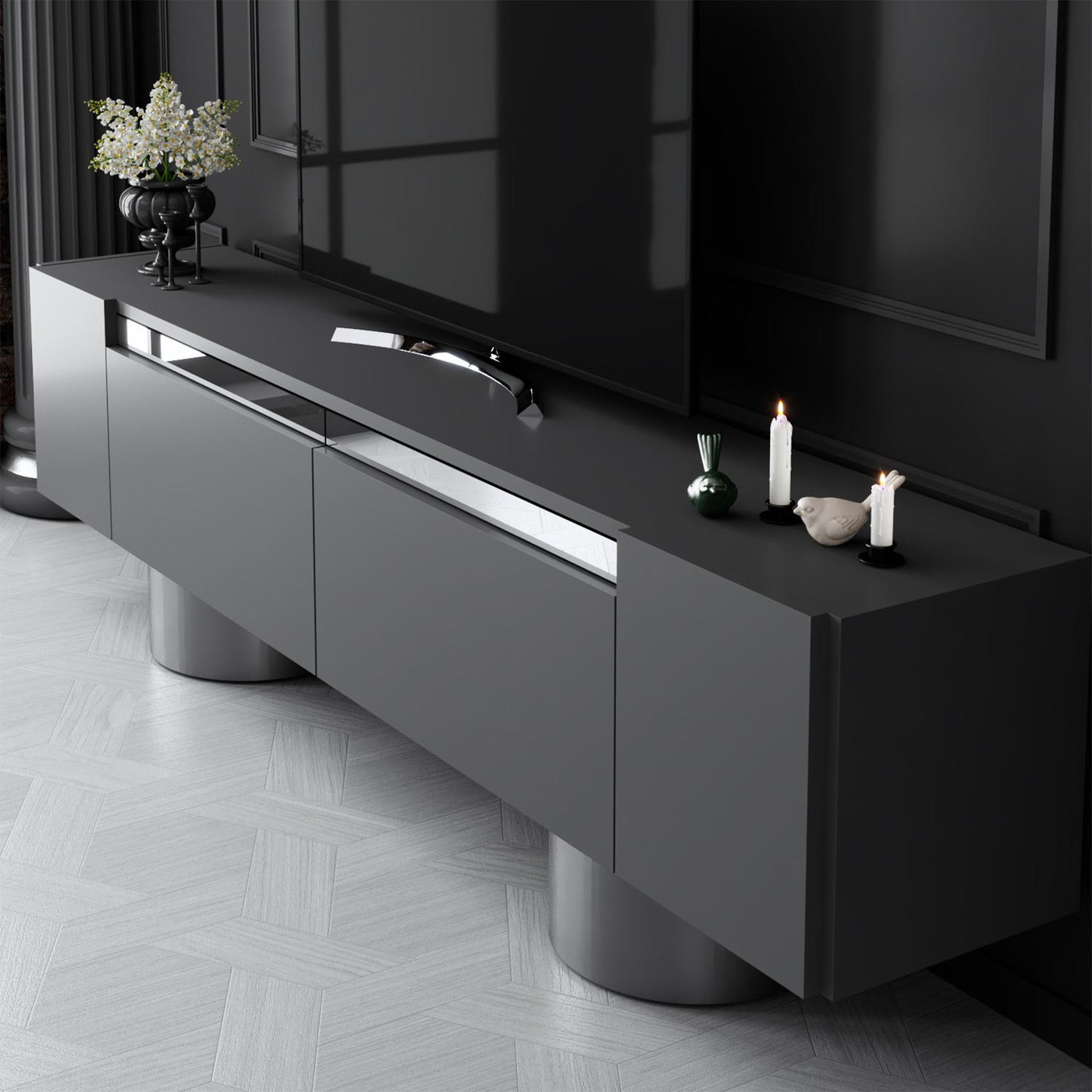 JONAS Meuble TV 2 portes abattantes noir et argenté - Meuble TV - Mobilier Deco