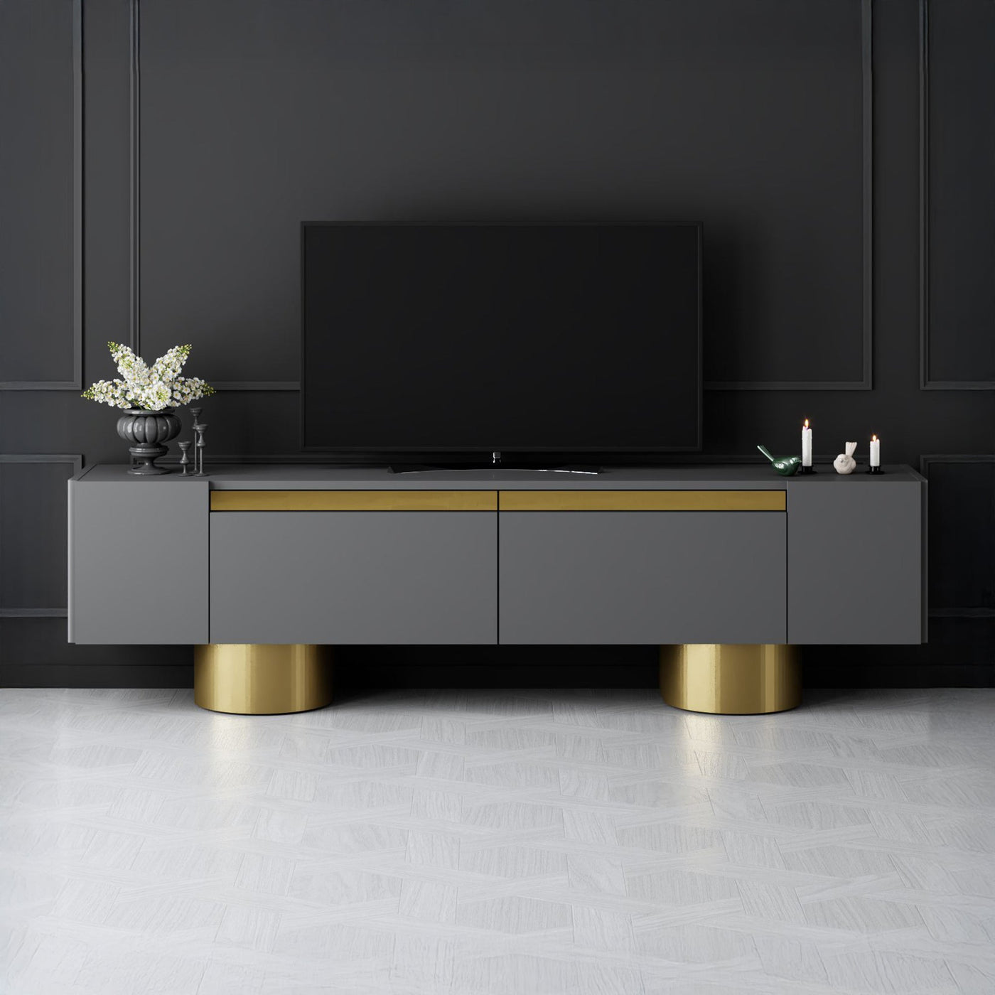 JONAS Meuble TV 2 portes abattantes noir et doré - Meuble TV - Mobilier Deco