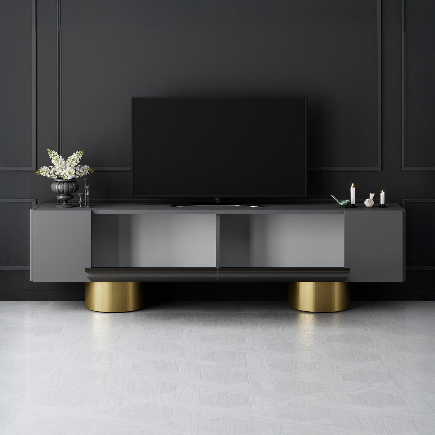 JONAS Meuble TV 2 portes abattantes noir et doré - Meuble TV - Mobilier Deco
