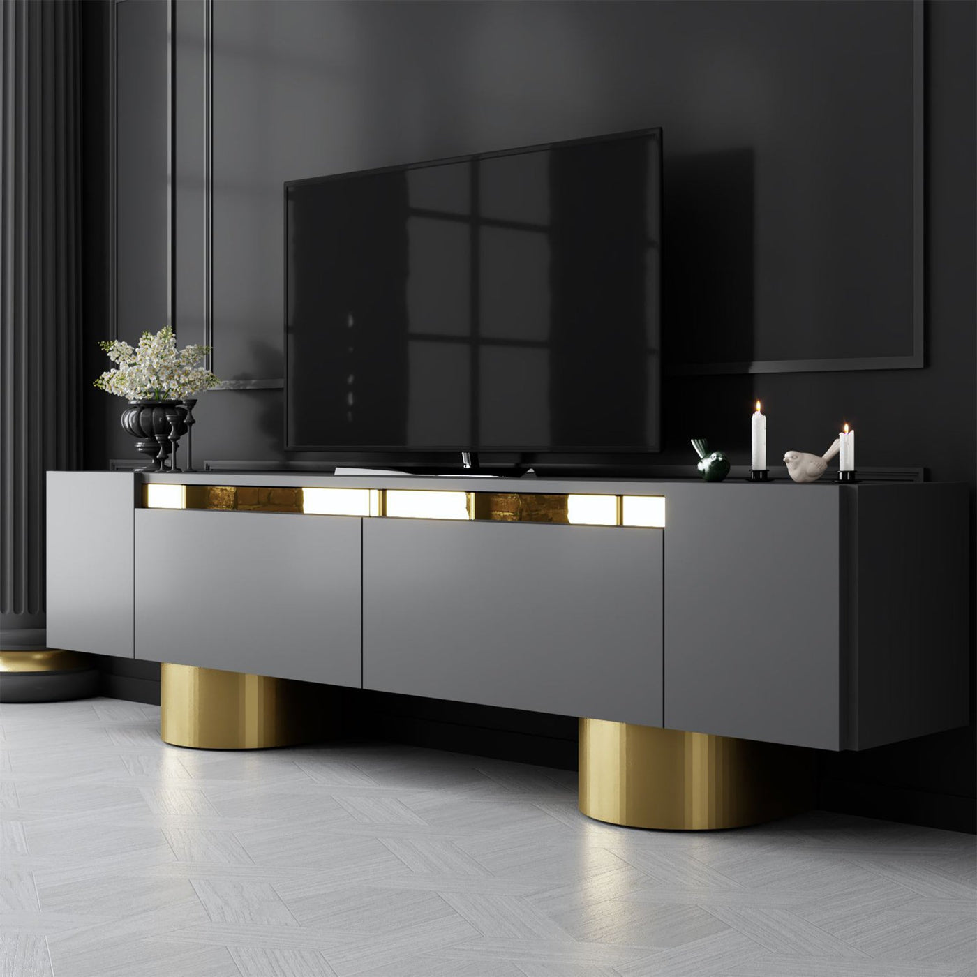 JONAS Meuble TV 2 portes abattantes noir et doré - Meuble TV - Mobilier Deco