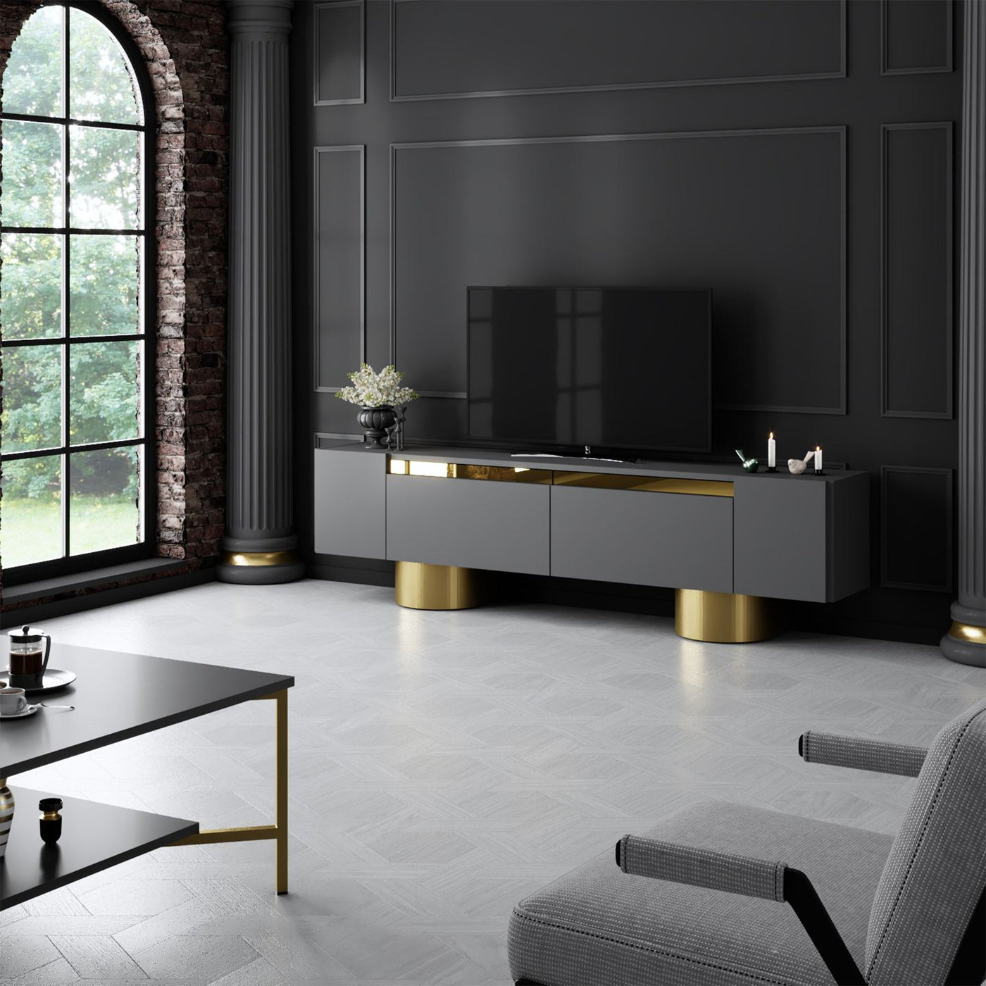 JONAS Meuble TV 2 portes abattantes noir et doré - Meuble TV - Mobilier Deco