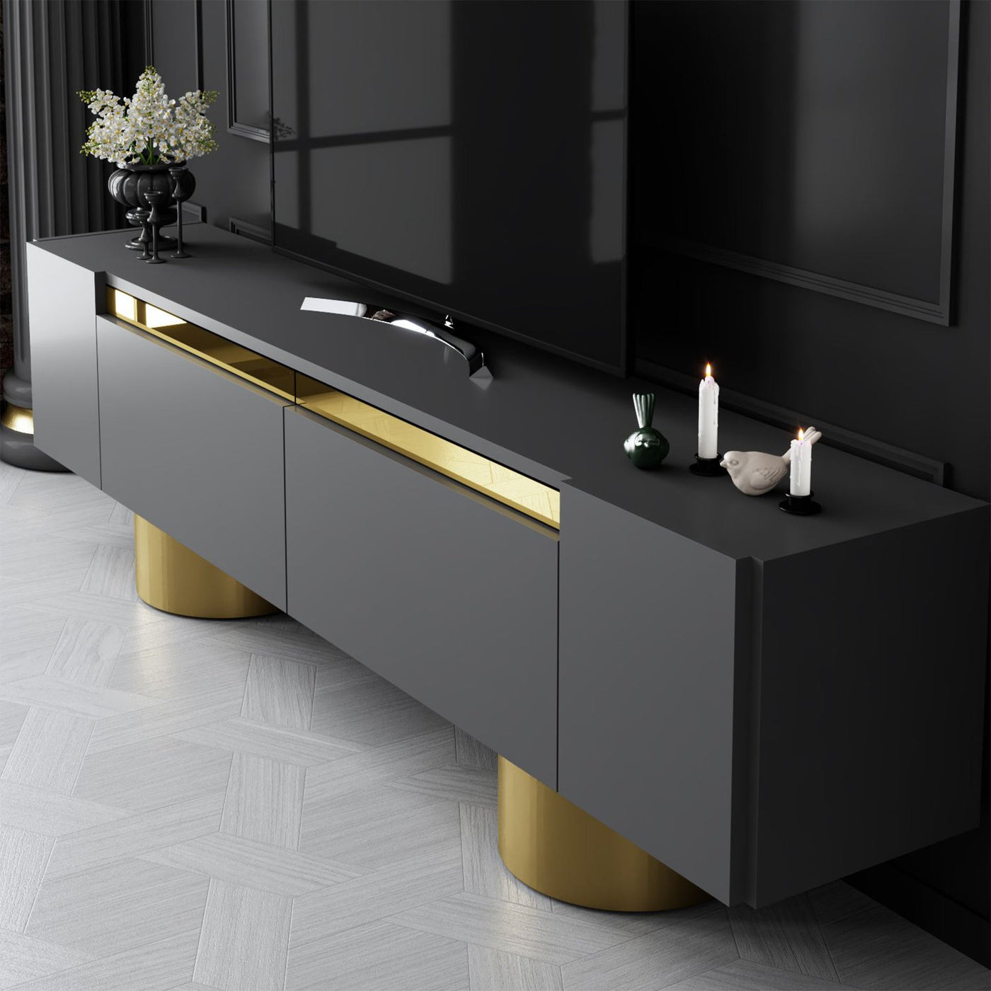 JONAS Meuble TV 2 portes abattantes noir et doré - Meuble TV - Mobilier Deco
