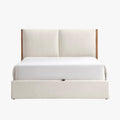 JUNA Lit double en tissu beige et bois avec coffre 160x200 cm