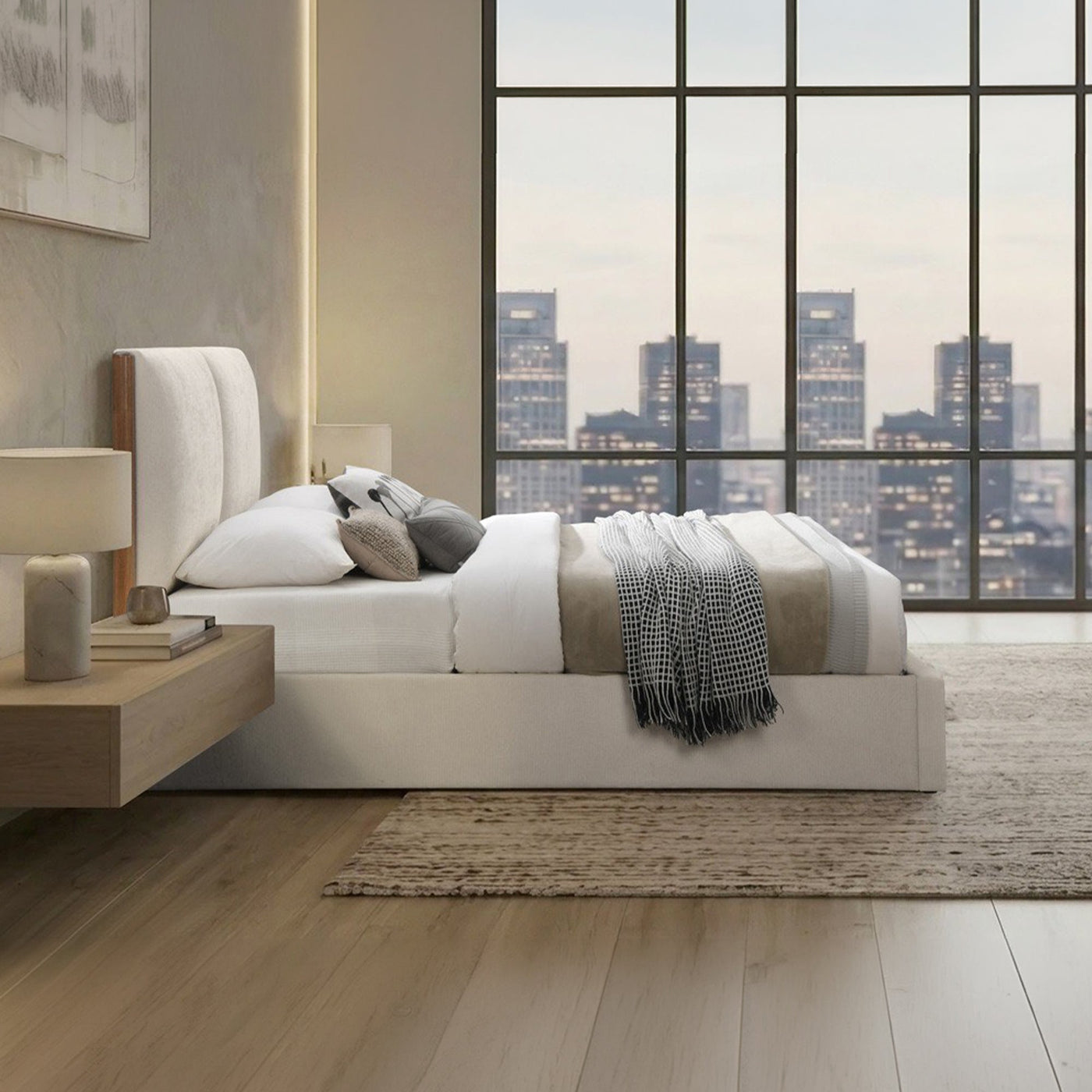 JUNA Lit double en tissu beige et bois avec coffre 160x200 cm - Lits - Mobilier Deco