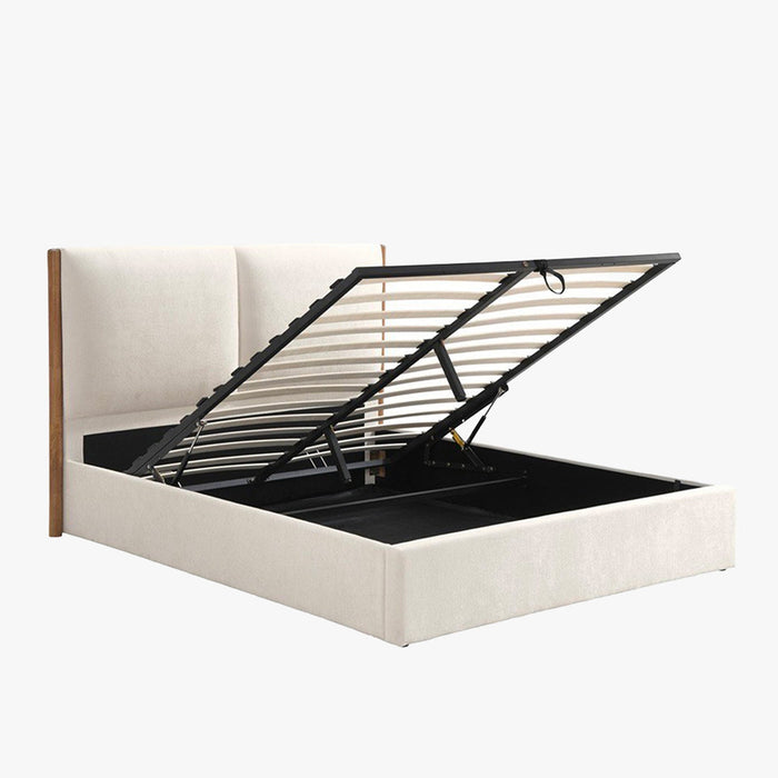 JUNA Lit double en tissu beige et bois avec coffre 180x200 cm