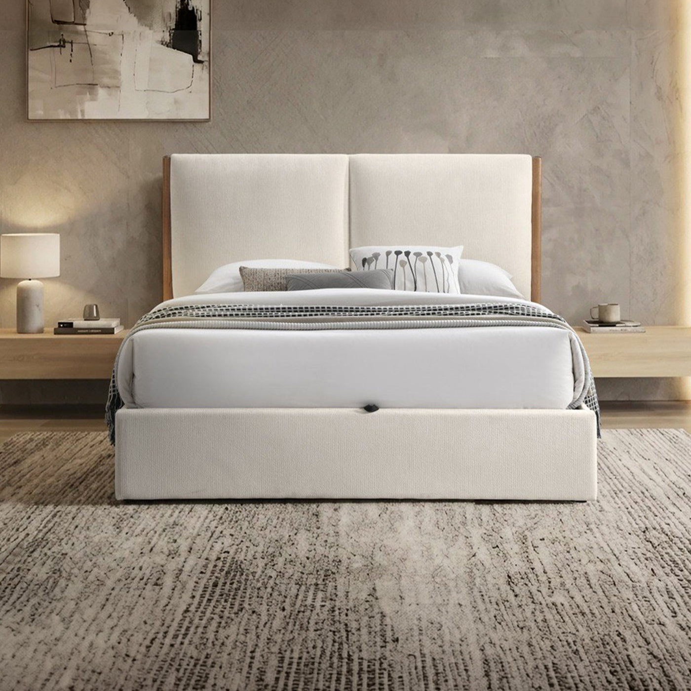 JUNA Lit double en tissu beige et bois avec coffre 180x200 cm - Lits - Mobilier Deco