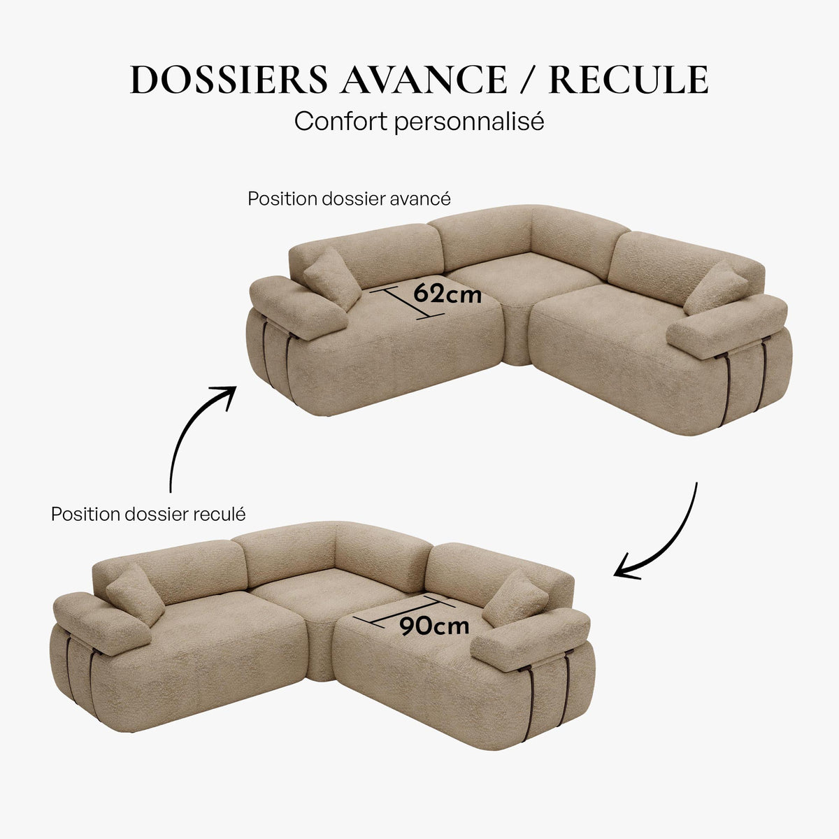 KAELA Canapé d'angle réversible avec dossier amovible en tissu beige foncé - Canapés d'angle - Mobilier Deco