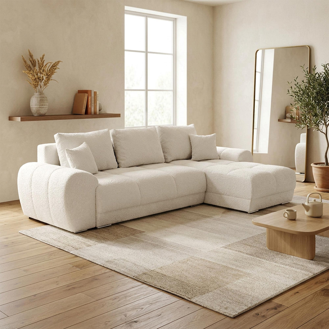 KAMILIA Canapé d'angle convertible avec coffre en tissu beige - Angle droit - Canapé d'angle convertible - Mobilier Deco