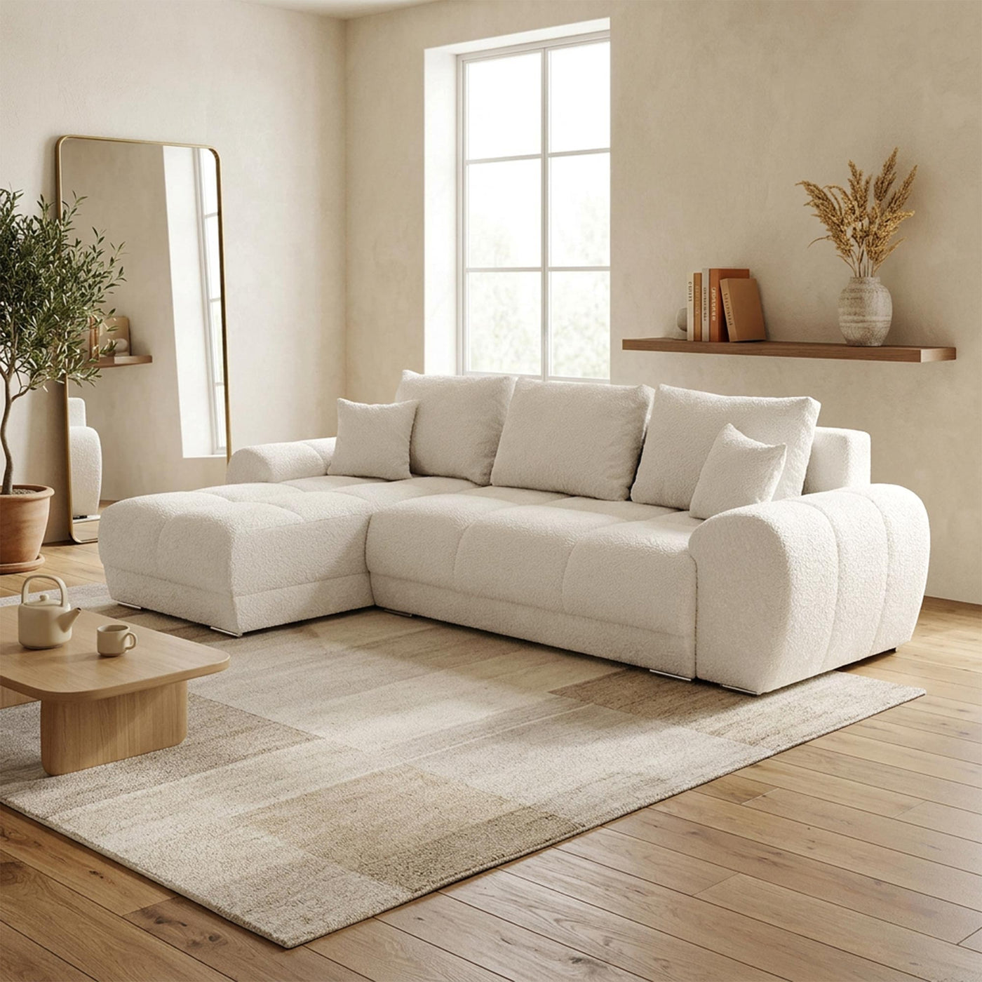 KAMILIA Canapé d'angle convertible avec coffre en tissu beige - Angle gauche - Canapé d'angle convertible - Mobilier Deco