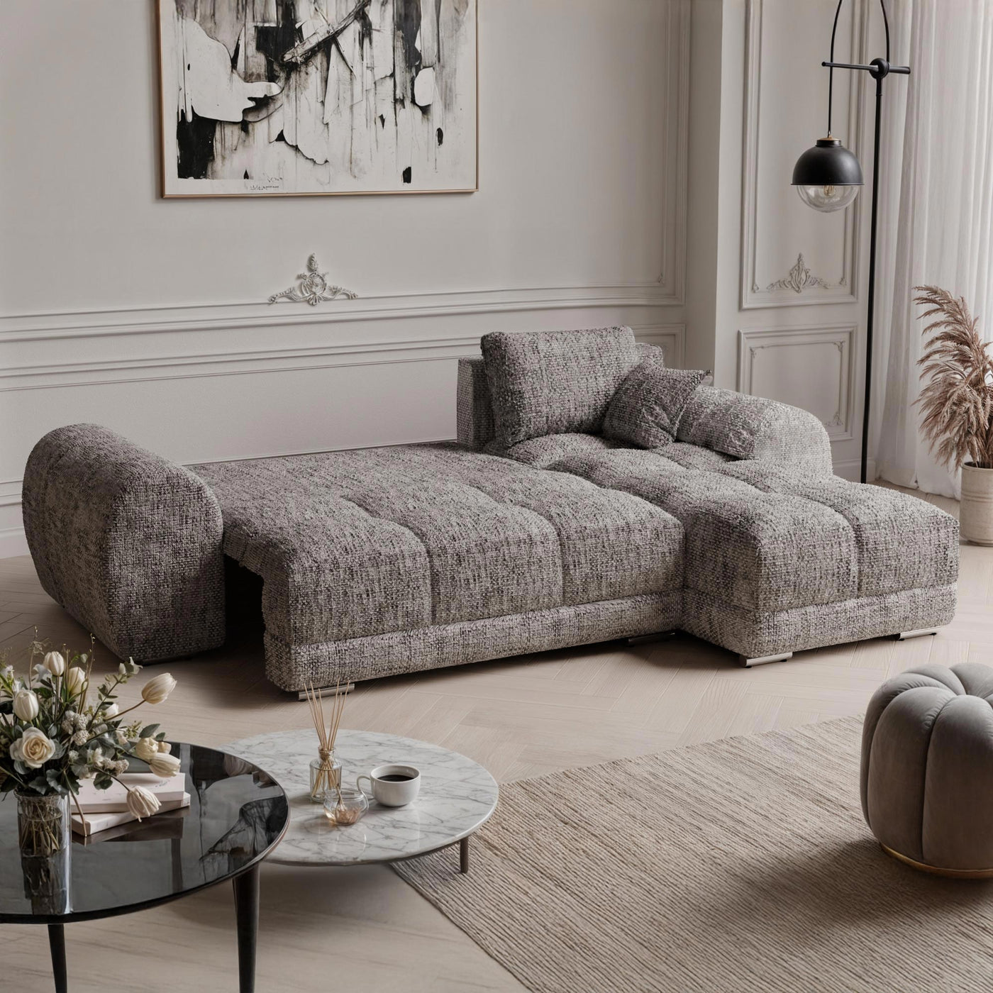 KAMILIA Canapé d'angle convertible avec coffre en tissu gris - Angle droit - Canapé d'angle convertible - Mobilier Deco