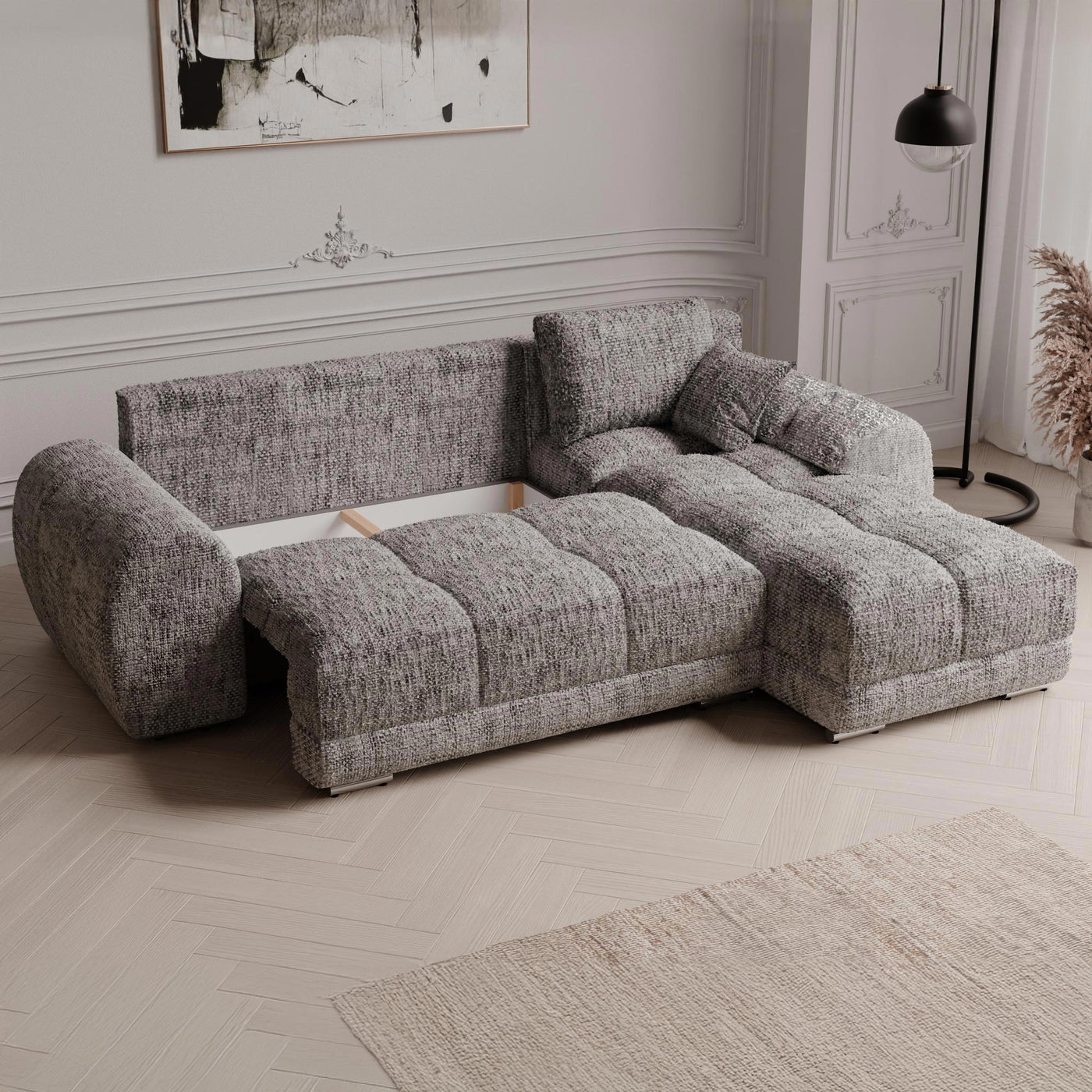 KAMILIA Canapé d'angle convertible avec coffre en tissu gris - Angle droit - Canapé d'angle convertible - Mobilier Deco