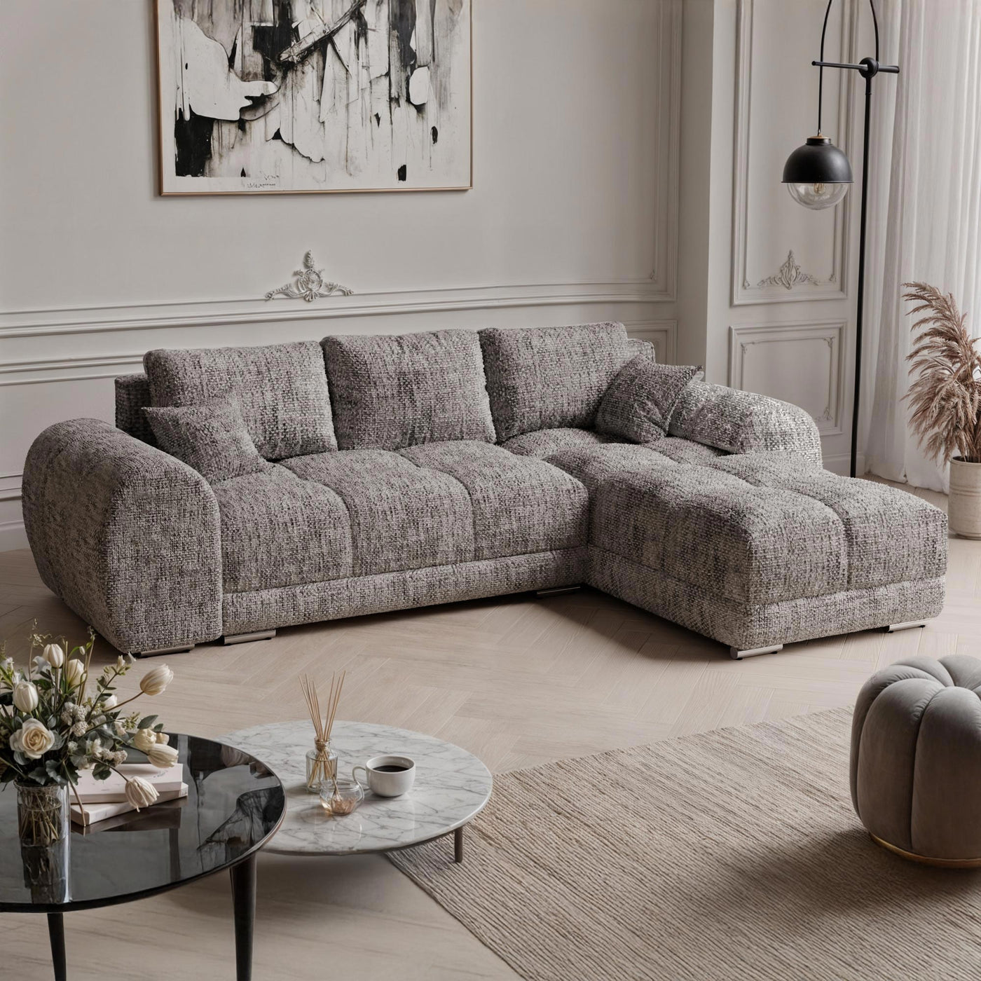 KAMILIA Canapé d'angle convertible avec coffre en tissu gris - Angle droit - Canapé d'angle convertible - Mobilier Deco