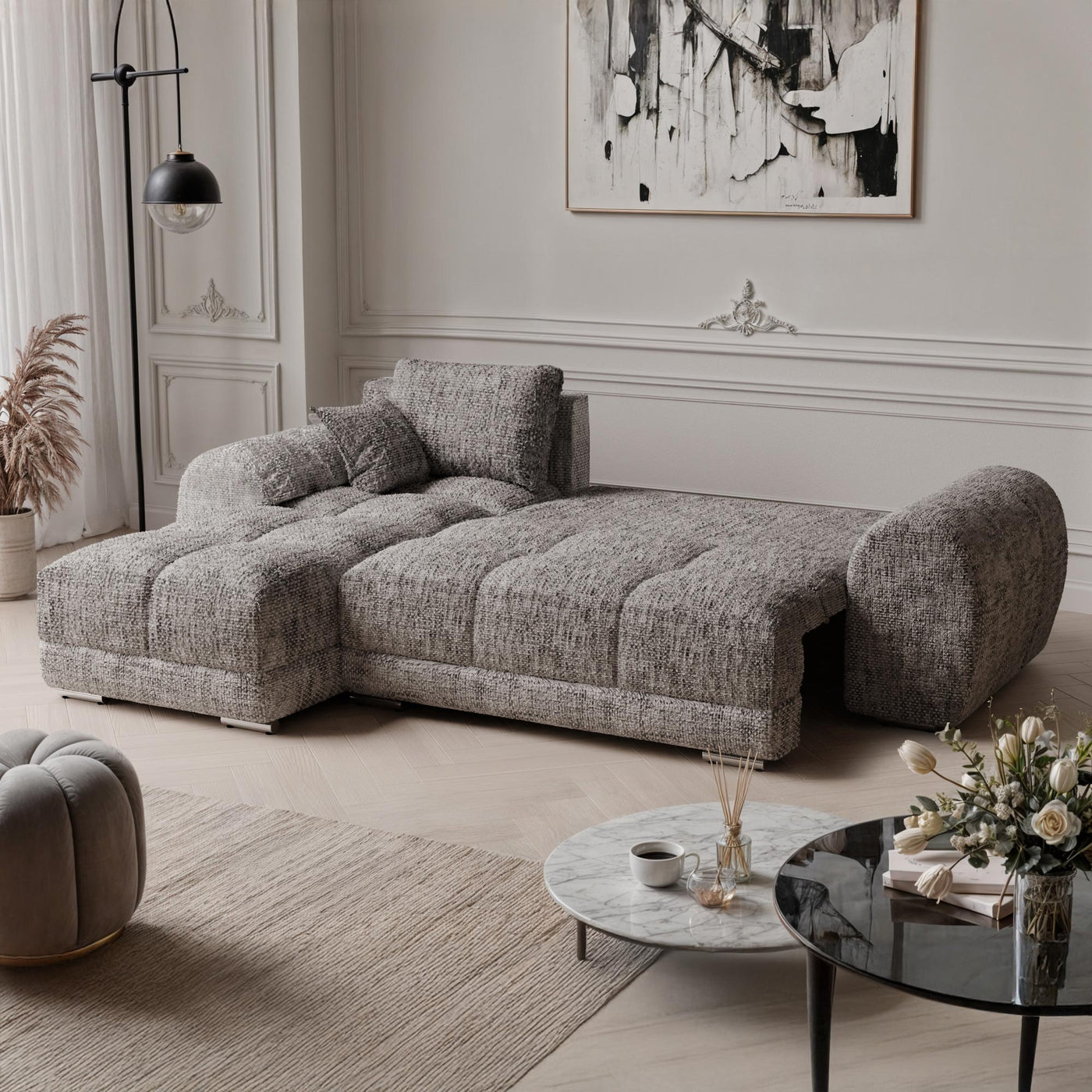 KAMILIA Canapé d'angle convertible avec coffre en tissu gris - Angle gauche - Canapé d'angle convertible - Mobilier Deco