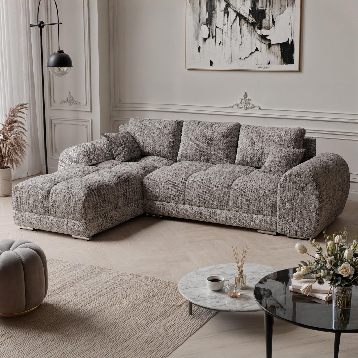 KAMILIA Canapé d'angle convertible avec coffre en tissu gris - Angle gauche - Canapé d'angle convertible - Mobilier Deco