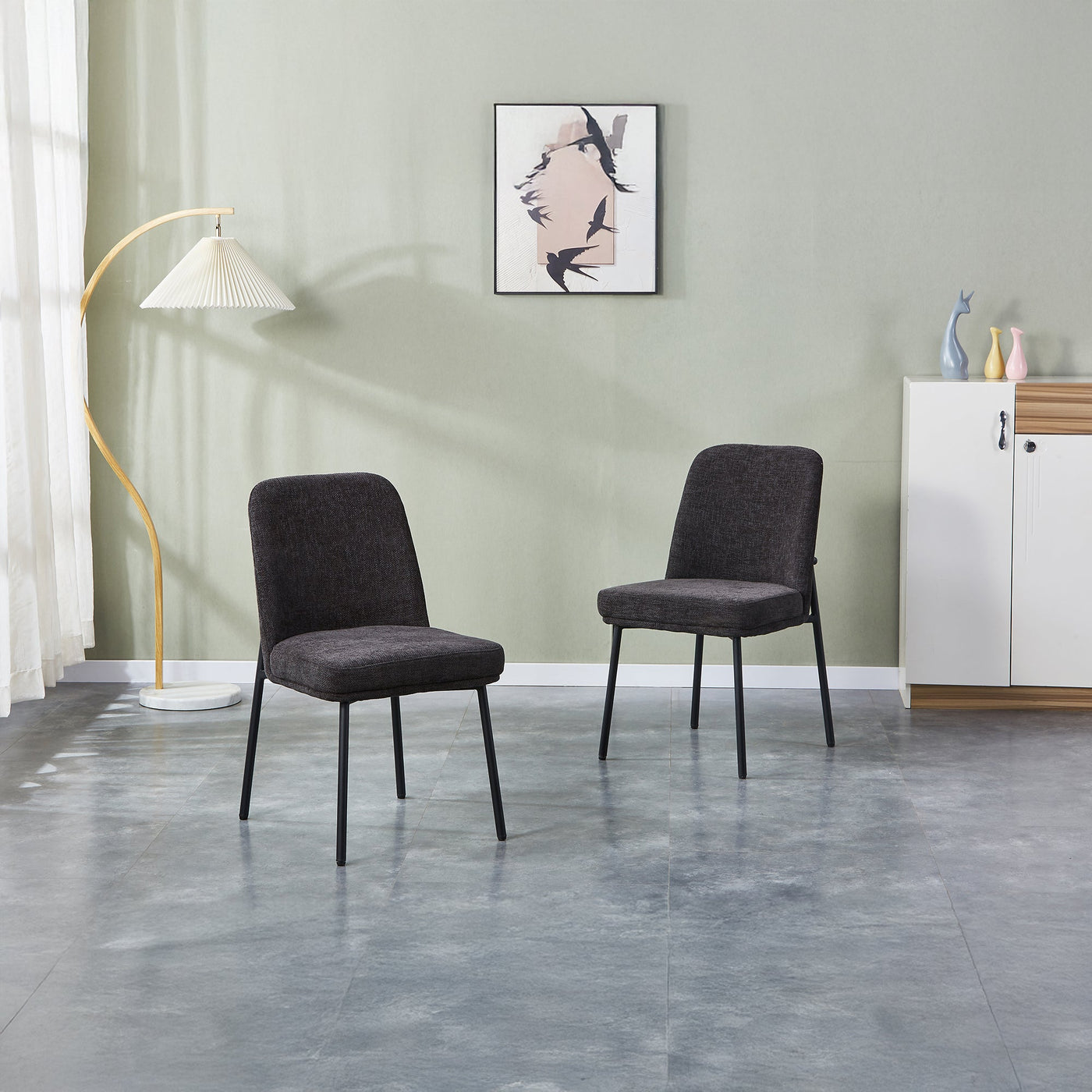 KAYNA Lot de 2 chaises en tissu gris foncé pieds en métal noir - Chaise de repas - Mobilier Deco