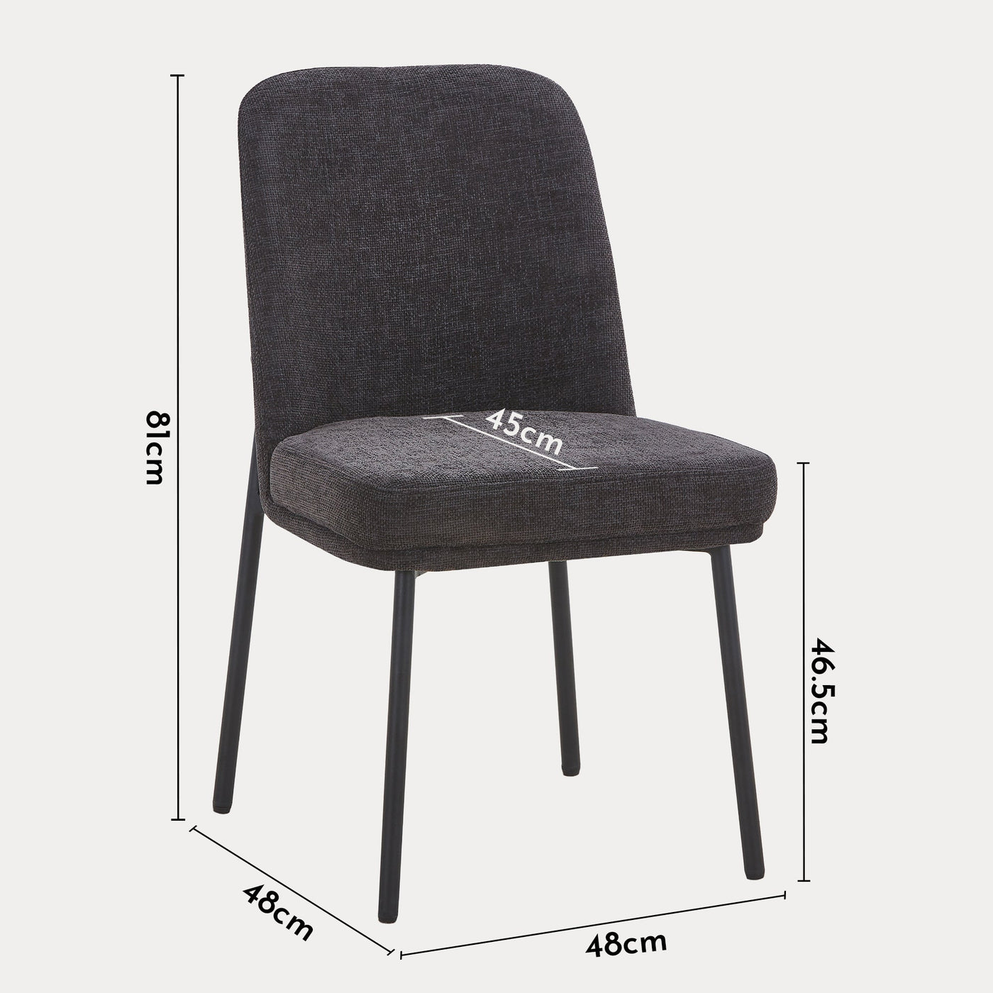 KAYNA Lot de 2 chaises en tissu gris foncé pieds en métal noir - Chaise de repas - Mobilier Deco