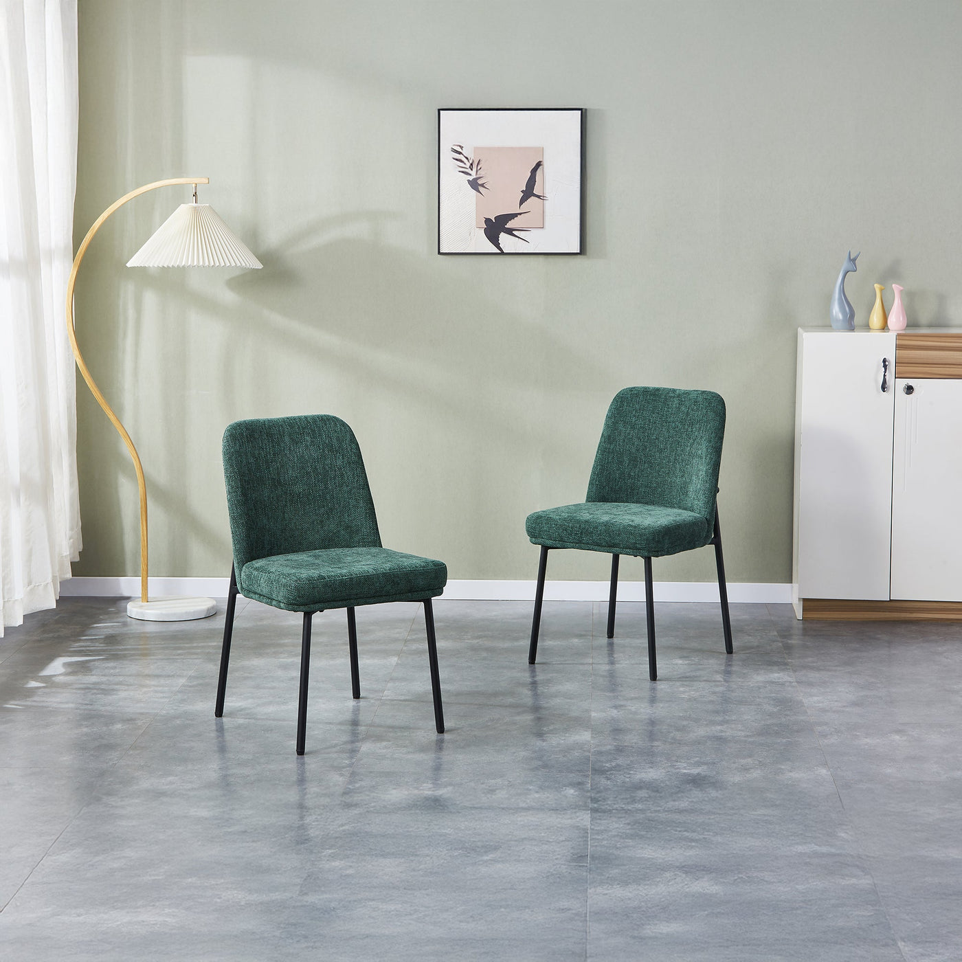 KAYNA Lot de 2 chaises en tissu vert pieds en métal noir - Chaise de repas - Mobilier Deco