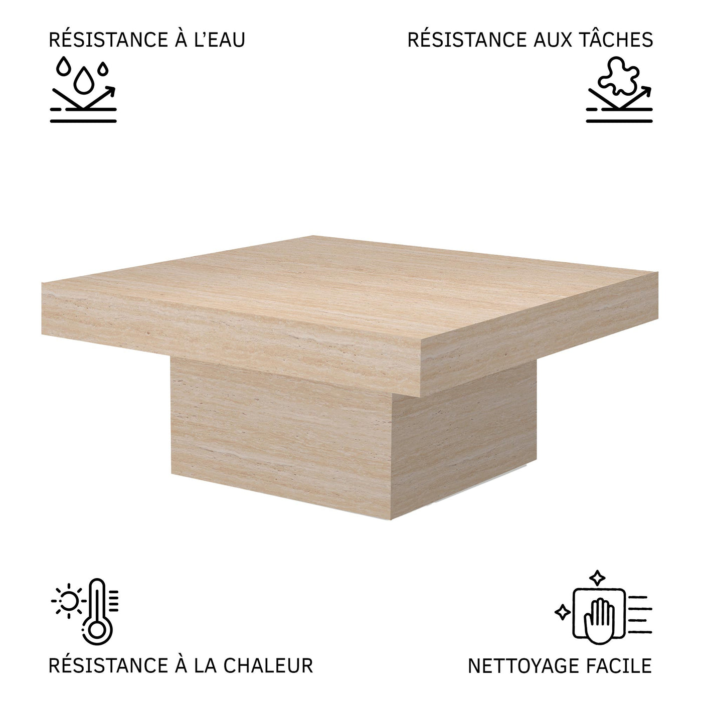 KAYZA Table basse carrée en marbre d'ingénierie couleur travertin - Table basse - Mobilier Deco