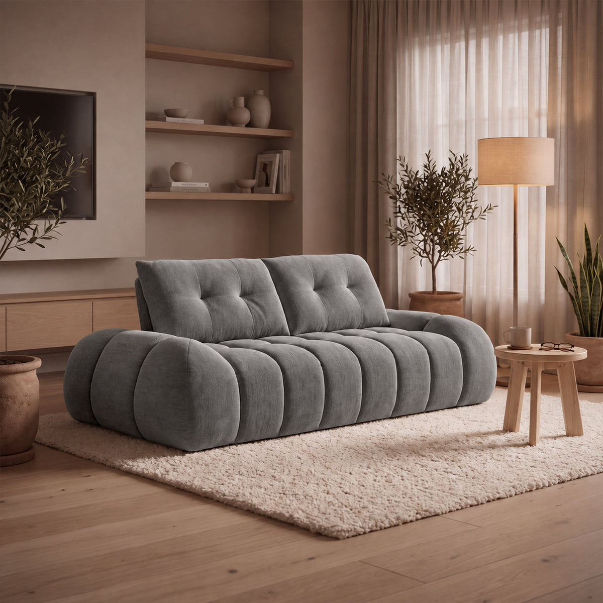 KESSY Canapé 3 places avec dossier amovible en tissu capitonné gris - Canapés fixes - Mobilier Deco