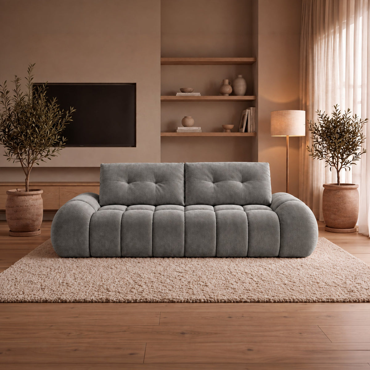 KESSY Canapé 3 places avec dossier amovible en tissu capitonné gris - Canapés fixes - Mobilier Deco