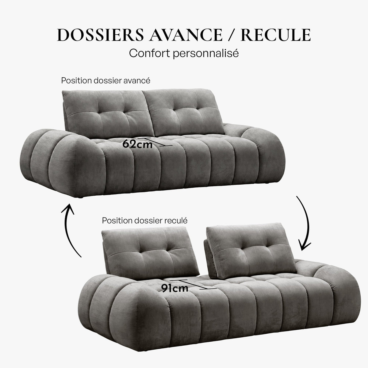 KESSY Canapé 3 places avec dossier amovible en tissu capitonné gris - Canapés fixes - Mobilier Deco