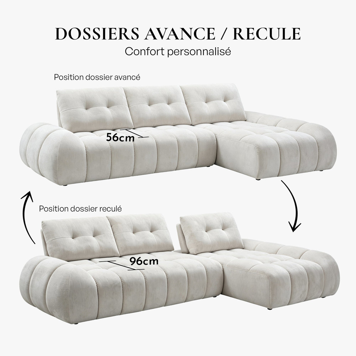 KESSY Canapé d'angle avec dossier amovible en tissu capitonné beige - Angle droit - Canapés d'angle - Mobilier Deco