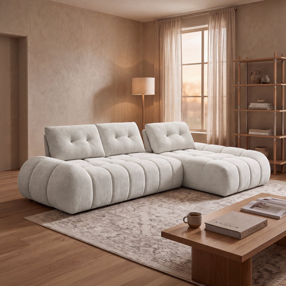 KESSY Canapé d'angle avec dossier amovible en tissu capitonné beige - Angle droit - Canapés d'angle - Mobilier Deco