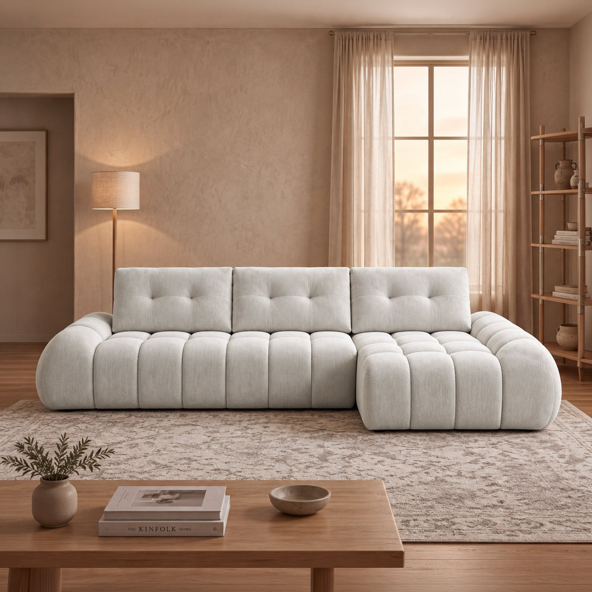 KESSY Canapé d'angle avec dossier amovible en tissu capitonné beige - Angle droit - Canapés d'angle - Mobilier Deco