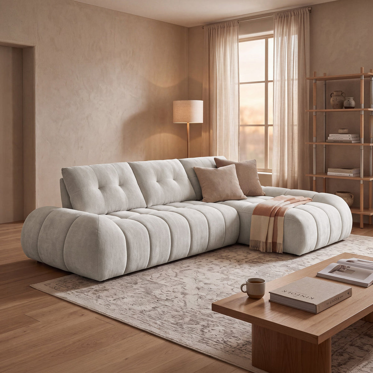 KESSY Canapé d'angle avec dossier amovible en tissu capitonné beige - Angle droit - Canapés d'angle - Mobilier Deco