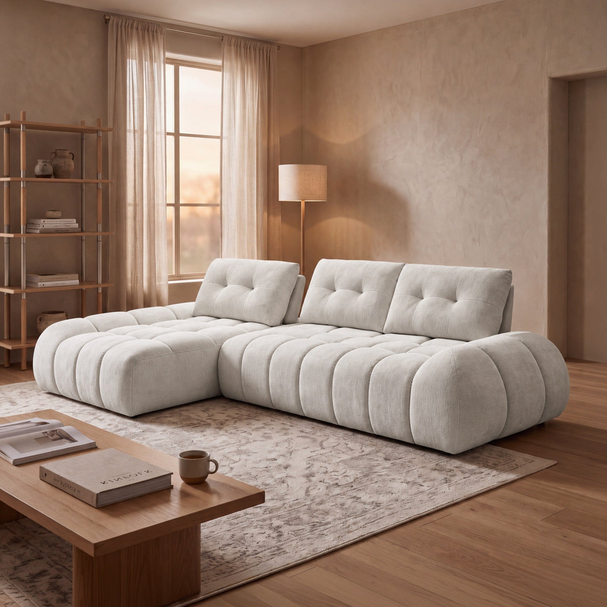 KESSY Canapé d'angle avec dossier amovible en tissu capitonné beige - Angle gauche - Canapés d'angle - Mobilier Deco