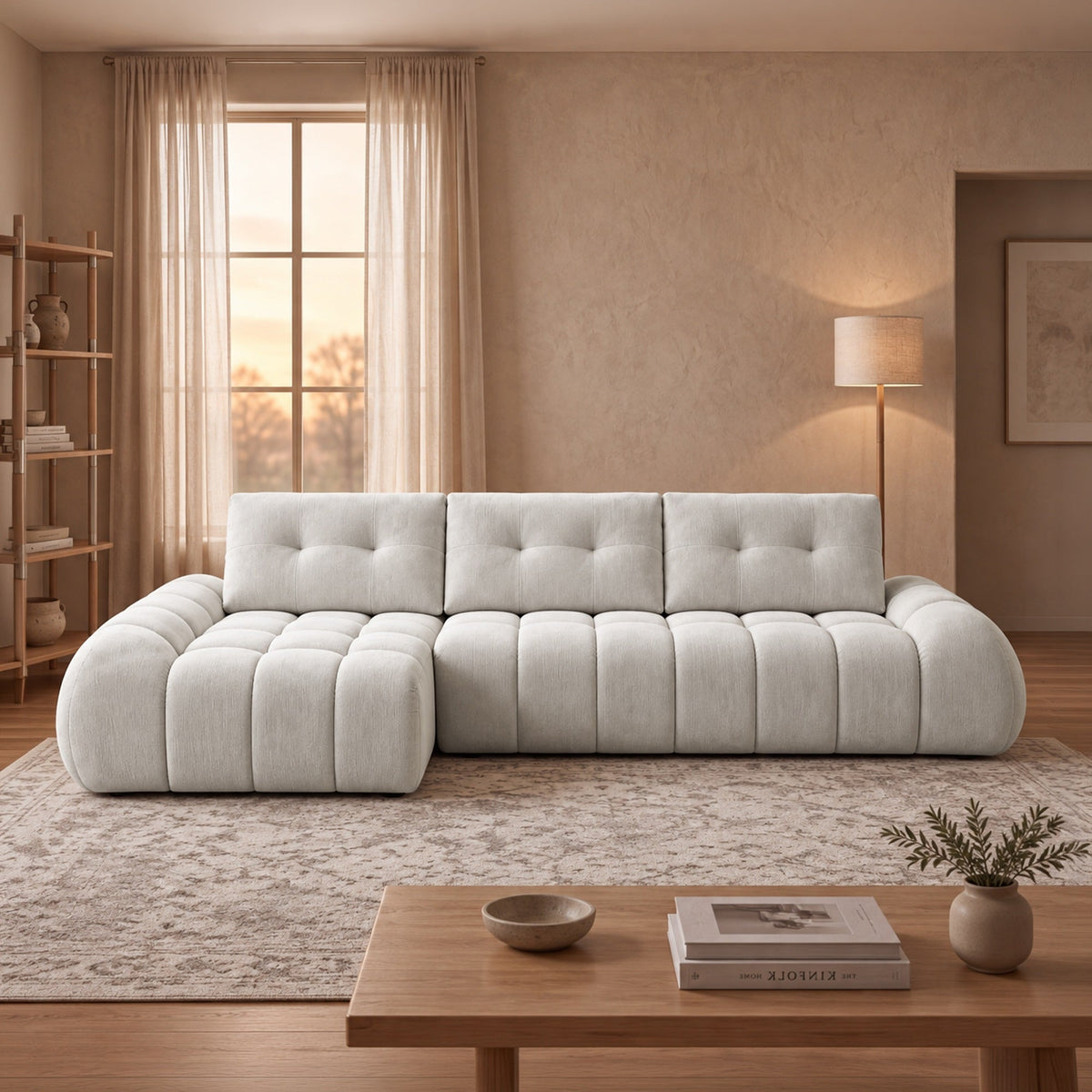 KESSY Canapé d'angle avec dossier amovible en tissu capitonné beige - Angle gauche - Canapés d'angle - Mobilier Deco