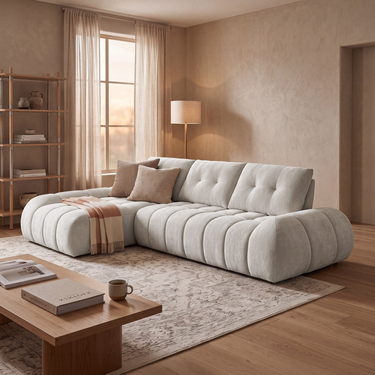 KESSY Canapé d'angle avec dossier amovible en tissu capitonné beige - Angle gauche - Canapés d'angle - Mobilier Deco