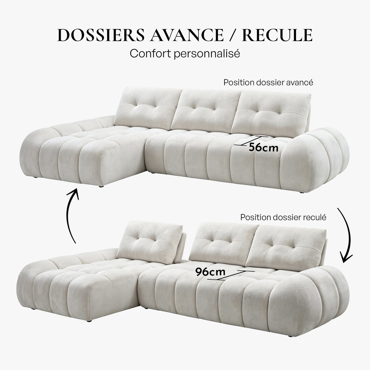 KESSY Canapé d'angle avec dossier amovible en tissu capitonné beige - Angle gauche - Canapés d'angle - Mobilier Deco