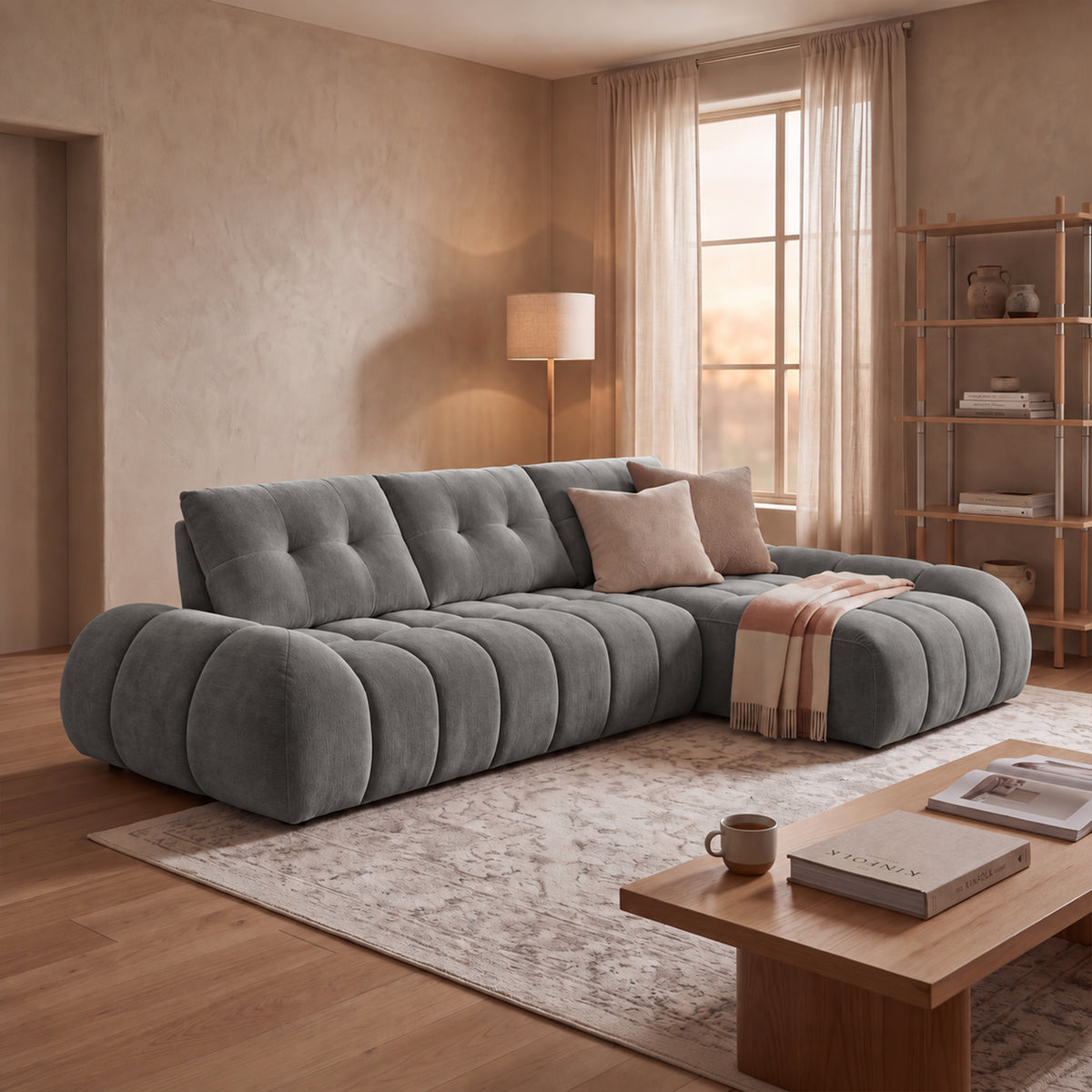KESSY Canapé d'angle avec dossier amovible en tissu capitonné gris - Angle droit - Canapés d'angle - Mobilier Deco