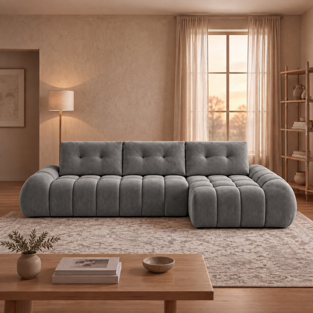 KESSY Canapé d'angle avec dossier amovible en tissu capitonné gris - Angle droit - Canapés d'angle - Mobilier Deco