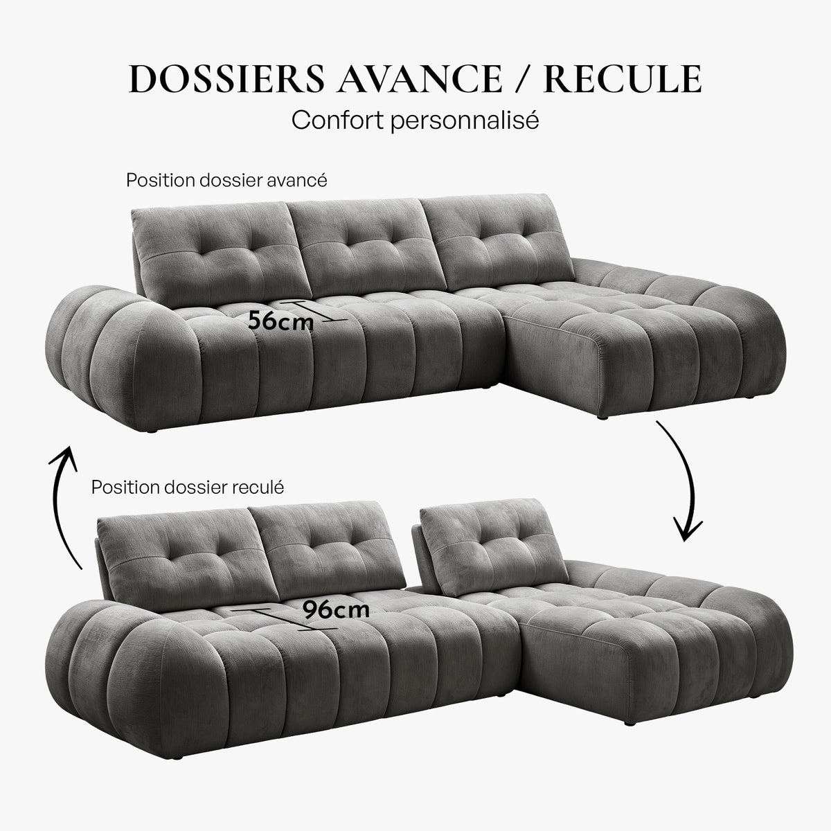 KESSY Canapé d'angle avec dossier amovible en tissu capitonné gris - Angle droit - Canapés d'angle - Mobilier Deco