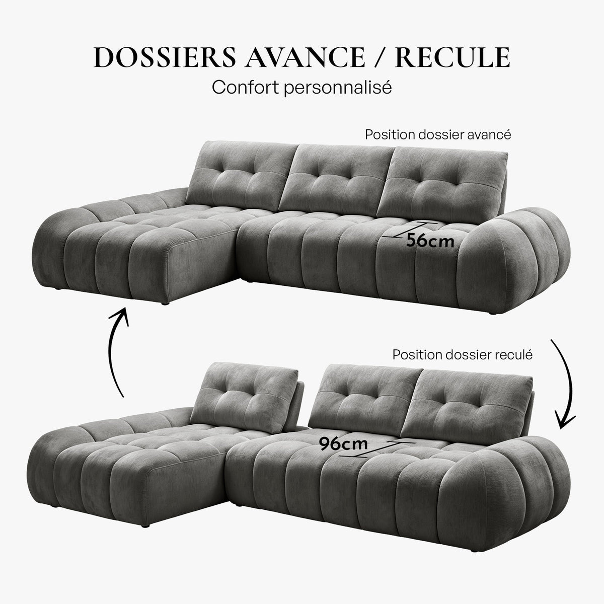 KESSY Canapé d'angle avec dossier amovible en tissu capitonné gris - Angle gauche - Canapés d'angle - Mobilier Deco