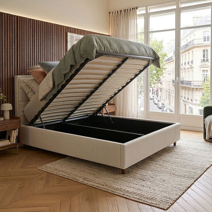 KIRA Lit double en tissu avec coffre en tissu beige 140x190 cm