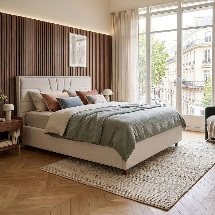 KIRA Lit double en tissu avec coffre en tissu beige 140x190 cm