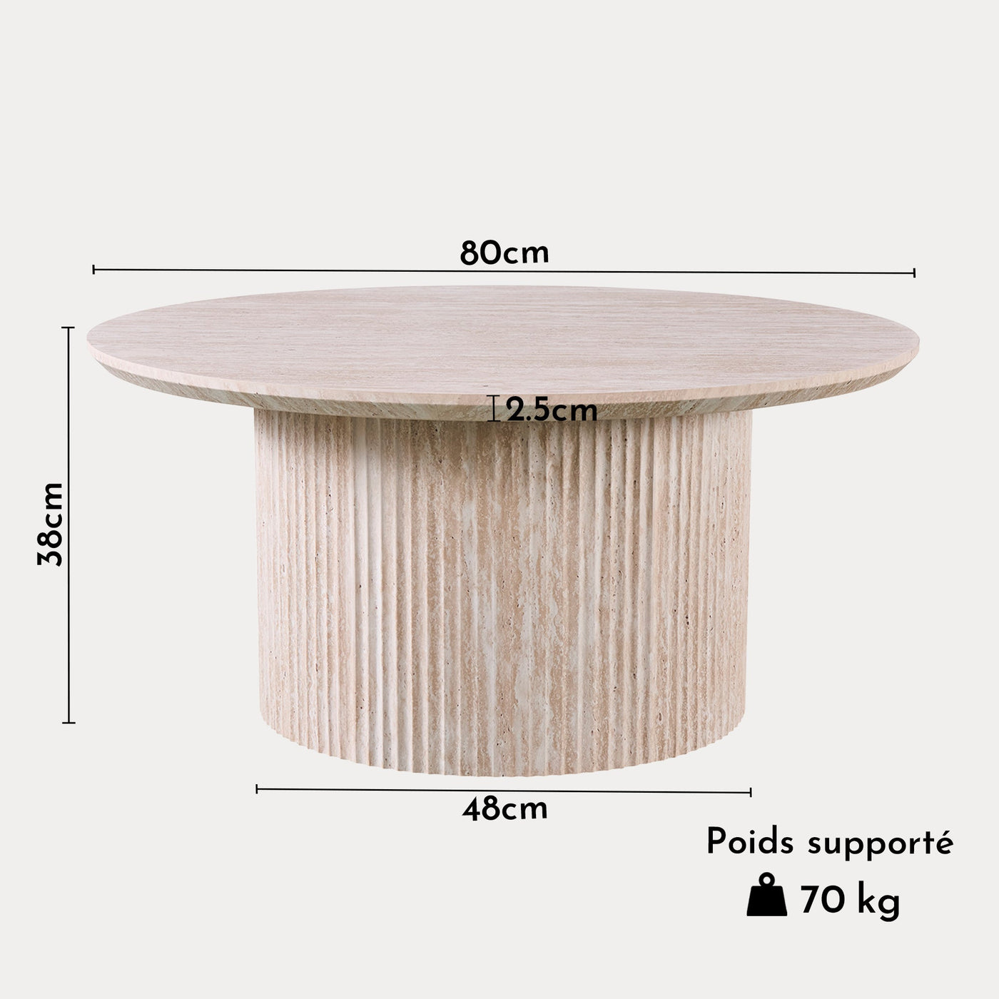 LAGOS - 80 Table basse ronde couleur travertin D80 cm - Table basse - Mobilier Deco
