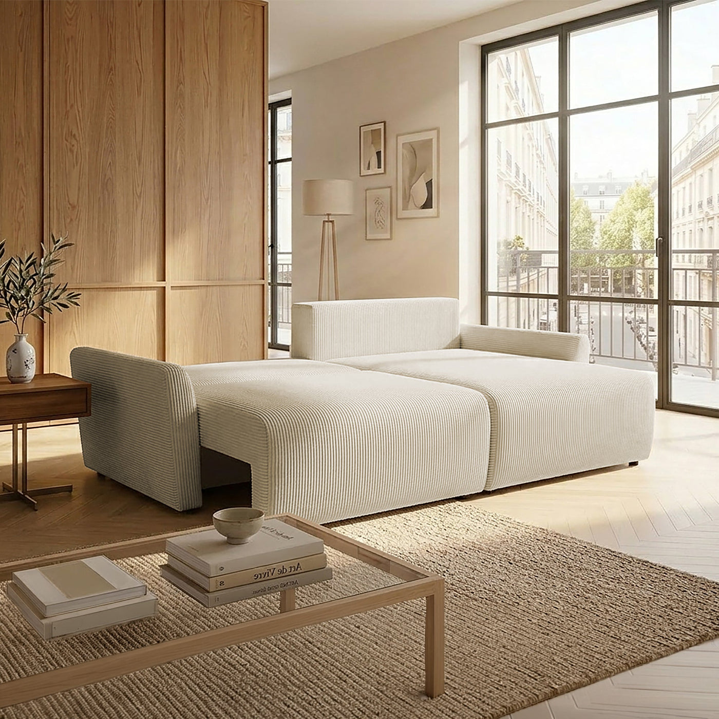 LANA Canapé d'angle convertible et réversible avec coffre en tissu beige - Canapé d'angle convertible - Mobilier Deco